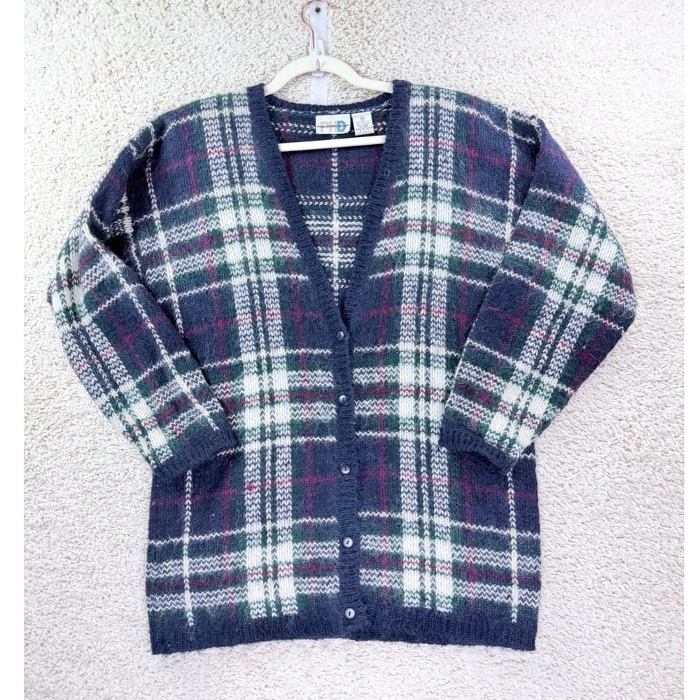 Paul Harris Design Cardigan Women Medium Navy Plaid Eyelash Knit Mohair Vintage